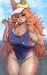 anthro big_breasts blush breasts clothed clothing female female_anthro fur green_eyes hair hat headgear headwear huge_breasts kemono long_hair one-piece_swimsuit partially_submerged solo swimwear tail thick_thighs whistle_(object) wide_hips skylinerpl ookami-chan_(suurin_2) canid canine canis mammal wolf 5:8 absurd_res hi_res