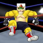 2_horns anthro biceps biped black_bottomwear black_clothing blood bodily_fluids bottomwear bowser boxing_gloves bracelet clothed clothing exhausted fighting_ring footwear hair handwear hi_res horn hunterpornokami jewelry koopa male mario_bros muscular muscular_anthro muscular_male nintendo nipples nosebleed open_mouth pecs red_hair scalie shoes shorts solo spiked_bracelet spikes sweat topless