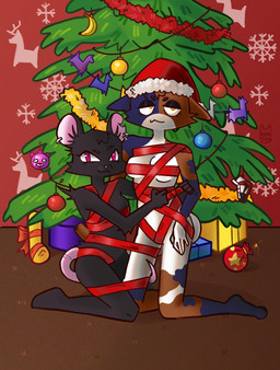 anthro banana bdsm bondage bound christmas_clothing christmas_decorations christmas_headwear christmas_present christmas_tree christmas_tree_toy clothing convenient_censorship cut_ear duo ear_piercing ear_ring female female/female fluffy_fur food fruit fur gift hat headgear headwear holidays hug hugging_another kneeling looking_at_viewer monotone_body monotone_fur multicolored_body multicolored_fur on_the_floor orange_body orange_fur paws piercing pink_nose pink_tail plant pose red_eyes ribbon_bondage ribbons ring_piercing santa_hat simple_background smile tail tree white_body white_fur white_sclera wrappings yellow_eyes koneko_(artist) christmas epic_games fortnite nike camille_(fortnite) meow_skulls calico_cat domestic_cat felid feline felis mammal mouse murid murine rodent absurd_res digital_media_(artwork) hi_res