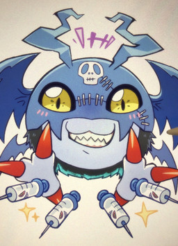 anthro black_body black_fur colored_nails evil_grin feet feral fur grin male nails smile solo syringe talons toes wings yellow_eyes slayer_dramonz bandai_namco digimon demidevimon digimon_(species) hi_res