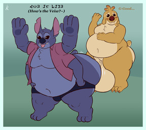 4_fingers anthro balls belly big_balls big_belly big_butt blue_body blue_border blue_fur blue_nose blush border breasts buckteeth butt claws clothing duo feet fingers fur genitals hair head_tuft huge_balls hyper hyper_genitalia male male/male navel notched_ear nude obese overweight overweight_anthro overweight_male penis red_nose simple_background smile tail teeth text thick_thighs toes tongue tuft wide_hips yellow_body yellow_fur bigtimekudo disney lilo_and_stitch reuben_(lilo_and_stitch) stitch_(lilo_and_stitch) alien experiment_(lilo_and_stitch) hi_res signature