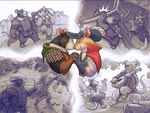 anthro armor bard boots cape clothing cuddling dancing duo footwear gloves hand_holding handwear hat_feather headgear headwear loose_feather lute male male/male melee_weapon musical_instrument playing_lute plucked_string_instrument romantic romantic_couple serenade shoes smile string_instrument sword warrior weapon concoction_(artist) mammal mouse murid murine rodent 4:3 hi_res multiple_scenes