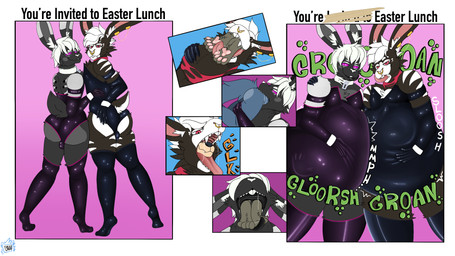 anthro belly big_belly bodily_fluids bulge butt dripping duo latex male onomatopoeia open_mouth pawpads paws piercing saliva saliva_drip sharp_teeth sound_effects swallowed_alive swallowing tail teeth text vore bluutheferret lagomorph leporid mammal rabbit absurd_res comic english_text hi_res