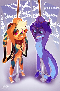 2_horns 4_toes 5_fingers abstract_background andromorph andromorph_anthro ankle_cuffs anthro areola arm_tuft bdsm big_ears biped black_body black_fur black_sclera blonde_hair blue_body blue_countershading blue_eyes blue_scales blue_toe_claws bodily_fluids bondage bound breasts brown_body brown_fur brown_ruff buckteeth claws clitoris collarbone countershading cuff_(restraint) duo ear_piercing ear_ring feet female female_anthro finger_claws fingers flat_chested floppy_ears fur genital_fluids genitals gold_(metal) gold_ear_ring grey_eyes hair hands_above_head hands_tied hands_tied_above_head high-angle_view hip_markings horn huge_ears humanoid_genitalia humanoid_vulva immobilization inner_ear_fluff intersex intersex_anthro leg_markings looking_aside looking_at_viewer lop_ears magenta_eyes mane markings metal_bondage mole_(marking) multicolored_body multicolored_fur multicolored_scales navel neck_tuft nipples non-mammal_breasts non-mammal_navel non-mammal_nipples non-mammal_vulva nude nude_andromorph nude_anthro nude_female one-bar_prison open_mouth outline penetration piercing pink_eyes pink_nipples purple_body purple_hair purple_mane purple_scales restraints ring_piercing rope rope_bondage ruff scales scared scut_tail sharp_horn sharp_teeth short_hair short_horn short_tail slim_andromorph slim_anthro slim_female small_breasts small_horn snout standing tail tan_body tan_fur tapering_tail teeth tiptoes toe_claws toes tongue tuft two_tone_body two_tone_scales vaginal vaginal_fluids vaginal_fluids_on_object vaginal_penetration ventral_scales vulva white_outline wrist_tuft yellow_inner_ear_fluff yellow_sclera young young_andromorph young_anthro young_female young_intersex poulet-7 mythology embrya_(ransiel) saria_(ransiel) dragon furred_dragon furred_scalie lagomorph leporid mammal mythological_creature mythological_scalie rabbit scalie 2026 dated digital_drawing_(artwork) digital_media_(artwork) english_description full-length_portrait hi_res portrait signature