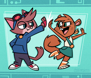 abstract_background anthro bandana_on_head blush blush_stickers bottomwear clothing duo eyelashes eyewear female footwear gesture goggles high_five jacket long_eyelashes male pants shoes skirt topwear tuft young young_anthro artdexo2000 murphy_and_mitzi mitzi_(ajmarekart) murphy_(ajmarekart) domestic_cat felid feline felis mammal rodent sciurid tree_squirrel 2022 hi_res signature
