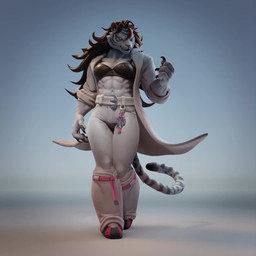 4_fingers anthro black_hair claws clothed clothing female fingers fur hair highlights_(coloring) muscular muscular_anthro muscular_female open_clothing open_topwear pupils slit_pupils snaggle_tooth solo topwear white_body white_fur leslie_van_den_broeck felid mammal pantherine tiger 1:1 3d_(artwork) 3d_animation animated digital_media_(artwork) hi_res no_sound short_playtime video