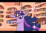 big_eyes book detailed_background female feral hair horn inside library multicolored_hair open_mouth purple_eyes solo sparkles text buryooooo disney friendship_is_magic gravity_falls hasbro my_little_pony mythology twilight_sparkle_(mlp) equid equine mammal mythological_creature mythological_equine unicorn 2017 animated short_playtime url