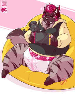 anthro bean_bag breasts brown_body brown_ears brown_fur brown_nose brown_sclera brown_stripes brown_tail clean_diaper clothed clothing colored_nails curly_hair diaper fangs feet female fingerless_(marking) fingernails fur hair head_horn holding_object holding_plushie holding_switch hoodie horn leg_markings logo lower_lip markings nails narrowed_eyes pink_fingernails pink_hair pink_horn pink_nails pink_toenails plushie qr_code simple_background sitting socks_(marking) solo striped_body striped_fur stripes tail tan_inner_ear teeth three-quarter_view toenails toes topwear two_tone_hoodie wearing_diaper lilchu godzilla_(series) mythology nintendo nintendo_switch toho bri_(kalash) godzilla canid canid_demon canine demon hellhound hyena mammal mythological_canine mythological_creature 2020 4:5 artist_logo full-length_portrait hi_res portrait signature trans_(lore) trans_woman_(lore)