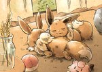 ambiguous_gender brown_body brown_fur dipstick_tail duo eyes_closed feral fur markings quadruped tail tail_markings koike_09 nintendo pokemon clefairy eevee generation_1_pokemon pokemon_(species) 2019