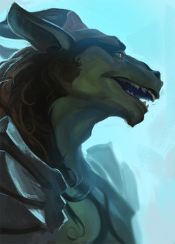 anthro armor blue_background brown_hair clothed clothing curly_hair fangs fur hair male male_anthro narrowed_eyes open_mouth orange_eyes side_view simple_background solo tan_body tan_fur teeth darkgem mythology dragon mythological_creature mythological_scalie scalie bust_portrait portrait