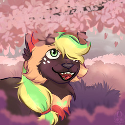 bangs brown_body brown_fur cartoon_freckles cherry_blossom female feral flower fluffy freckled_face freckles fur green_eyes hair long_hair markings nature orange_body orange_fur plant prunus_(flower) scenery shrub smile solo spots spotted_body spotted_fur toony airymiller canid canine mammal 1:1 half-length_portrait hi_res portrait sketch
