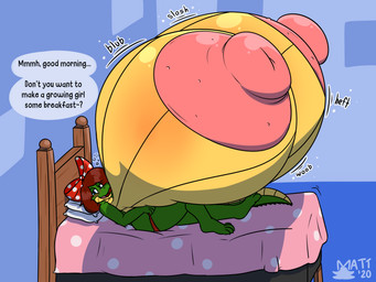 accessory anthro areola bed big_areola big_breasts big_nipples blue_eyes blush breasts brown_hair female furniture hair hair_accessory hair_ribbon huge_areola huge_breasts huge_nipples hyper hyper_areola hyper_breasts hyper_nipples looking_at_viewer lying nipples non-mammal_breasts nude on_back on_bed onomatopoeia pink_areola pink_nipples question_mark ribbons solo sound_effects speech_bubble text mattthetooncat randa_(badgerben) alligator alligatorid crocodilian reptile scalie absurd_res english_text hi_res