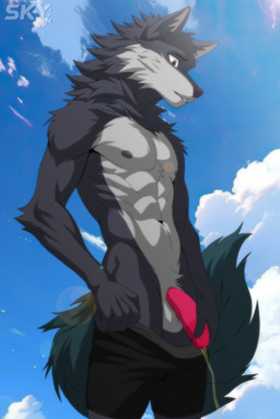 abs anthro bodily_fluids bottomwear circumcised circumcision_scar clothing fur genital_fluids genital_scar genitals holding_penis humanoid_genitalia male male_peeing muscular muscular_male nervous nipples nude nude_male pecs peeing penis relieved scar shorts solo urine urine_stream skyarts canid canine canis mammal wolf hi_res