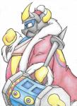 anthro armor blue_eyes clothing coat gesture hammer hand_gesture headgear helmet horn male mask simple_background solo tools topwear v_sign white_background asmallone kirby_(series) nintendo king_dedede masked_dedede avian bird penguin hi_res traditional_media_(artwork)