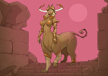 anklet blonde_hair breasts clothing empty_eyes female fingerless_gloves fur gloves hair handwear headdress jewelry mostly_nude outside pink_sky ruins sculpture sky solo stairs statue sun tan_body tan_fur walking white_eyes conditional_dnp jollyjack cat_taur domestic_cat felid felid_taur feline feline_taur felis mammal mammal_taur taur 2026