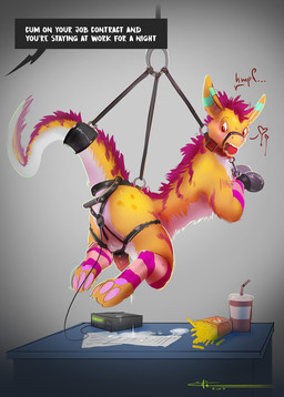 anal anal_penetration ball_gag bdsm bodily_fluids bondage bondage_gear bondage_gloves bound buttplug buttplug_in_ass buttplug_insertion clothing collar contract cuff_(restraint) cuffs_to_collar cum cum_drip drip_effect dripping dripping_heart electrostimulation fast_food feral food gag genital_fluids genitals handwear heart_pair heart_reaction heart_symbol hmph looking_back male multi_heart_reaction object_in_ass outline_heart penetration penis plug_(sex_toy) plug_insertion predicament_bondage punishment_for_cumming raised_tail restraints sex_toy sex_toy_in_ass sex_toy_insertion shackles solo speech_bubble suspension suspension_bondage tail tail_cuff text vibrator vowelless vowelless_vocalization edi mythology desktop_dragon dragon mythological_creature mythological_scalie scalie english_text