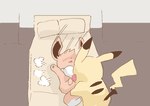 2018 ambiguous_gender bed brown_body duo eevee eyeless faceless_character feral furniture generation_1_pokemon get_it_go inside lying motion_lines neck_tuft nintendo on_back on_bed open_mouth pikachu pillow pokemon pokemon_(species) red_cheeks tuft yellow_body