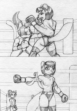 anthro boxing boxing_gloves breasts butt clothing duo embarrassed female fight fighting_ring furgonomics handwear legwear nipples sport sports_panties thigh_highs dcheese domestic_cat felid feline felis flying_squirrel mammal rodent sciurid 2025 absurd_res comic hi_res monochrome traditional_media_(artwork)