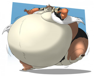 anthro belly big_belly big_butt butt claws clenched_teeth clothed clothing fangs fur huge_belly hyper hyper_belly male morbidly_obese morbidly_obese_anthro morbidly_obese_male motion_lines navel obese obese_anthro obese_male one_eye_closed overweight overweight_anthro overweight_male shoulder_pads solo stomping teeth thick_thighs whiskers wide_hips wobbling hectorthewolf bleach_(series) sajin_komamura canid canine canis mammal wolf 2025 hi_res