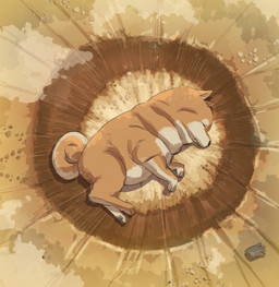 ambiguous_gender countershading crater curled_tail eyes_closed feral fur nude orange_body orange_fur pawpads paws sleeping snout solo tail bow_(artist) yamcha_death_pose canid canine canis domestic_dog mammal shiba_inu spitz 2025 hi_res