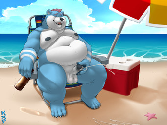 anthro balls beach beach_chair beach_umbrella beer_bottle belly bodily_fluids bottle container cooler countershade_balls countershade_crotch countershade_face countershade_genitalia countershade_torso countershading cum cum_string ejaculation erection genital_fluids genitals humanoid_genitalia humanoid_penis male nipples nude nude_anthro nude_male open_mouth overweight overweight_anthro overweight_male parasol penis solo three-quarter_view kronexfire toza bear mammal 4:3 absurd_res hi_res