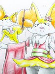 >_< ambiguous_gender anthro asian_clothing blush blush_lines clothing duo east_asian_clothing eyes_closed featureless_crotch feral flower flower_accessory fur inner_ear_fluff japanese_clothing open_mouth orange_body orange_fur paws plant simple_background tongue tuft yellow_body yellow_fur eiroru nintendo pokemon braixen canid canine fennekin generation_6_pokemon mammal pokemon_(species) 2023 3:4 graphite_(artwork) hi_res traditional_media_(artwork)