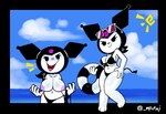 anthro areola beady_eyes big_breasts black_border black_clothing black_eyes black_hat black_headwear black_swimwear black_tail border breasts clothed clothing cloud eyelashes eyewear eyewear_on_head female flashing flashing_breasts flotation_device front_view fur hand_on_hip hat headgear headwear holding_object looking_at_viewer navel nipples pink_areola pink_nipples pink_nose sea sky solo spade_tail sunglasses sunglasses_on_head swimwear tail thick_thighs topless water white_body white_fur wide_hips monemi onegai_my_melody sanrio kuromi demon lagomorph leporid mammal rabbit hi_res