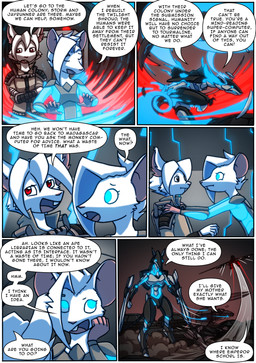 anthro armor blue_eyes clothing dialogue duo female glowing glowing_eyes machine male mecha red_eyes text kitfox-crimson in_our_shadow marble_(kitfox-crimson) seed_(kitfox-crimson) mammal murid murine rat rodent sciurid tree_squirrel absurd_res comic english_text hi_res