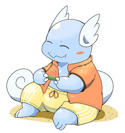 3_toes ambiguous_gender blue_body blush bottomwear clothing eating eyes_closed feet food fruit melon plant shirt shorts sitting solo toes topwear watermelon tatu_wani nintendo pokemon generation_1_pokemon pokemon_(species) wartortle 2020 hi_res