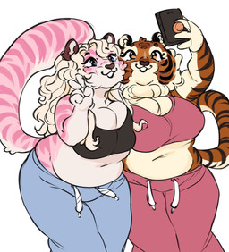 anthro belly big_breasts black_clothing black_stripes black_topwear blue_bottomwear blue_clothing blue_eyes bottomwear breast_squish breasts brown_ears brown_eyebrows brown_nose cellphone circle_eyebrows cleavage clothed clothing duo electronics eyebrows facial_markings female fur gesture hair hand_gesture hand_sign head_markings holding_object holding_phone inner_ear_fluff legs_together long_hair markings navel open_mouth open_smile orange_body orange_eyes orange_fur overweight overweight_anthro overweight_female phone pink_bottomwear pink_clothing pink_stripes pink_topwear pose posing_for_picture selfie simple_background smartphone smile squish striped_body striped_face striped_markings striped_tail stripes tail tail_markings topwear tuft v_sign white_background white_belly white_hair white_inner_ear white_inner_ear_fluff highlandkall marzipan_(tiggybloom) naomi_(highlandkall) felid mammal pantherine tiger 2023 colored digital_drawing_(artwork) digital_media_(artwork) hi_res