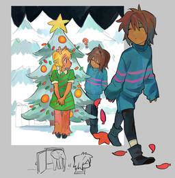 2_toes anthro blonde_hair blue_clothing brown_body brown_fur brown_hair christmas_tree clothing cloven_hooves duo feet female forest fur green_clothing hair holidays hooves male plant snow toes tree goomyloid christmas deltarune undertale undertale_(series) frisk_(undertale) noelle_holiday deer human mammal new_world_deer reindeer 2025 absurd_res hi_res
