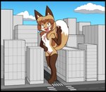 anthro black_border border brown_body brown_fur city city_background cityscape cloud detailed_background dipstick_tail female female_anthro fur gesture gloves_(marking) green_eyes hair hand_gesture leg_markings looking_at_viewer macro macro_female markings paws sky socks_(marking) solo standing street tail tail_markings v_sign white_body white_fur aigsaft conditional_dnp averi_(fiddleafox) canid canine fox mammal full-length_portrait grandfathered_content hi_res portrait