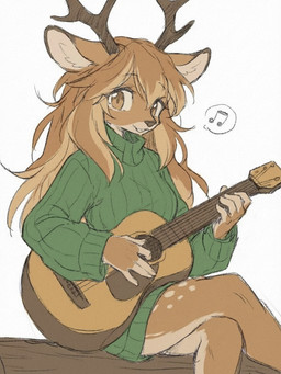 acoustic_guitar anthro brown_body brown_fur brown_hair clothing fake_horns female fur green_clothing guitar hair long_hair musical_instrument playing_guitar playing_music plucked_string_instrument simple_background singing sitting solo string_instrument yellow_eyes eneki_sei deer mammal 3:4