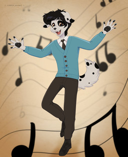 accessory anthro black_hair blue_clothing blue_sweater blue_topwear bottomwear brown_bottomwear brown_clothing brown_eyes brown_pants clothing dress_shoes hair jumping male necktie pants sweater topwear cinderwishes jim_kruger hi_res