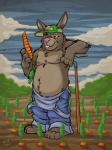 anthro carrot clothed clothing farm farmer food front_view hat headgear headwear hoe male nipples overalls pecs plant redneck slightly_chubby solo standing tools topless vegetable k-9 disney zootopia stu_hopps lagomorph leporid mammal rabbit 3:4 full-length_portrait hi_res portrait