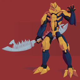3_claws 3_toes 5_fingers ambiguous_gender armor biped blue_body claws double-bladed_sword double_thumbs feet fingers gold_body holding_object holding_weapon machine mask melee_weapon mouthless multicolored_body not_furry orange_eyes red_background serrated_weapon simple_background solo standing toe_claws toes two_tone_body weapon yellow_body breaker-of-oaths bionicle lego brutaka humanoid robot robot_humanoid 2024 digital_drawing_(artwork) digital_media_(artwork) full-length_portrait hi_res portrait