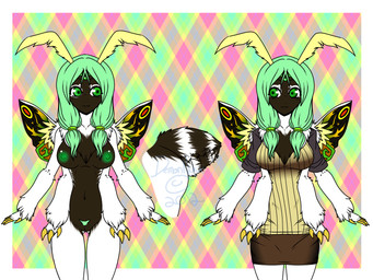 accessory antennae_(anatomy) areola arthropod_abdomen bottomwear breasts claws clothing female fluffy fur genitals green_eyes green_hair hair hair_accessory hairband insect_wings looking_at_viewer miniskirt multi_limb multicolored_body multicolored_fur nipples non-mammal_breasts non-mammal_nipples pattern_background pubes shorts simple_background skirt solo two_tone_body two_tone_fur vulva wings nyuumew_(artist) arthropod insect lepidopteran moth 2012 4:3 hi_res signature