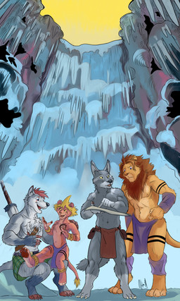 anthro bottomwear clothed clothing frozen_waterfall group ice jewelry loincloth male map markings melee_weapon slim slim_anthro slim_male sword topless water waterfall weapon young negy aetherel alexander_silverfang franko_(negy) shin_(negy) canid canine canis felid fox hybrid lion mammal pantherine wolf hi_res