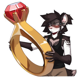 anthro bare_shoulders black_hair blush brown_body brown_fur digit_ring ear_piercing embarrassed fur gem gold_(metal) hair heterochromia jewelry male oversized_object piercing ring simple_background solo tail wedding_ring white_background white_body white_fur spuydjeks spuydjeks_(character) mammal 1:1 2025 hi_res