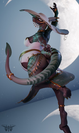 anthro breasts clothed clothing dancing female female_anthro glowing glowing_eyes hat headgear headwear looking_at_viewer on_one_leg pregnant pregnant_anthro pregnant_female raised_arm solo standing phrostbite emariss reptile scalie snake 3:5 3d_(artwork) absurd_res digital_media_(artwork) hi_res