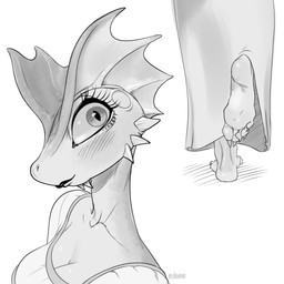 5_toes anthro barefoot breasts claws cleavage clothed clothing dress eyelashes feet female foot_focus frill_(anatomy) head_crest head_frill humanoid_feet long_eyelashes plantigrade raised_foot soles solo toe_claws toes staerk bethesda_game_studios microsoft oblivion the_elder_scrolls dar-ma argonian scalie 1:1 2025 absurd_res greyscale hi_res monochrome