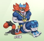 anthro bdsm bondage bound clothing gag jewelry kerchief male muscular muscular_male necklace skinsuit solo tape tape_bondage tape_gag tight_clothing wetsuit wrapped wrapped_up zinnick nintendo pokemon team_aqua archie_(pokemon) generation_7_pokemon incineroar pokemon_(species) hi_res