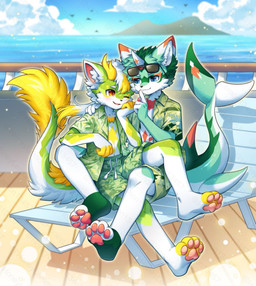 1_horn 2_horns 4_fingers 4_toes anthro bench blue_eyes boat bottomwear clothed clothing cuddling day dragon_horn dragon_tail duo eye_contact eyewear eyewear_on_head feet fingers fish_tail footwear fur green_body green_bottomwear green_clothing green_fur green_jacket green_shorts green_topwear horn inner_ear_fluff jacket kemono leaf_pattern looking_at_another male multicolored_body multicolored_fur on_bench on_boat open_clothing open_jacket open_mouth open_smile open_topwear outside pattern_bottomwear pattern_clothing pattern_jacket pattern_shorts pattern_topwear romantic romantic_ambiance sea shorts shush sitting sitting_on_another smile socks sunglasses sunglasses_on_head toes topwear tuft vehicle water watercraft wearing_sunglasses white_body white_fur yellow_body yellow_eyes yellow_fur honeylemon13457 mythology honlem lai_ka aquatic avian bird dragon fish furred_dragon furred_fish furred_scalie mythological_creature mythological_scalie scalie 2025 cel_shading digital_drawing_(artwork) digital_media_(artwork) distracting_watermark hi_res shaded watermark