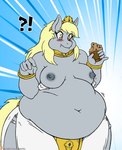 anthro belly belly_expansion big_belly blonde_hair blueberry_(fruit) blush bottomwear bracelet breasts choker clothing crown deep_navel eating expansion female food fruit fur grey_body grey_fur hair headgear jewelry muffin navel necklace nipples obese obese_anthro obese_female overweight overweight_anthro overweight_female plant solo tiara topwear torn_clothing torn_topwear weight_gain viroveteruscy friendship_is_magic hasbro my_little_pony derpy_hooves_(mlp) equid equine horse mammal pony 2016 digital_media_(artwork)