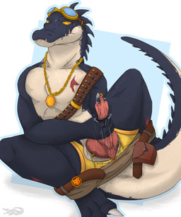 animal_genitalia animal_penis anthro belly belt black_body bodily_fluids bottomwear bottomwear_down claws cloaca cloacal_penis clothed clothing crocodilian_penis erection fangs genital_fluids genital_piercing genitals jewelry looking_at_genitalia looking_at_penis male masturbation motion_lines multiple_piercings necklace pants pants_down partially_clothed penile penile_masturbation penis penis_piercing piercing precum scar simple_background sitting slit_piercing slitfluid solo spread_legs spreading tail teeth thick_tail underwear white_belly yellow_clothing yellow_eyes yellow_underwear derekdragon crocodile crocodilian reptile scalie 5:6 absurd_res hi_res
