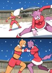 anthro arena christmas_clothing clothing crowd duo female fight group holidays male red_nosed snow snowing struggling throwing_object bluebirdoasis christmas artemis_(bluebirdoasis) goliath_(bluebirdoasis) bear canid canine canis mammal wolf absurd_res comic hi_res