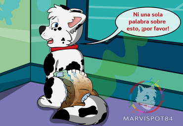 adolescent annoyed blue_eyes bodily_fluids clothed clothing collar diaper diaper_fetish feces feral fluffy fluffy_ears fluffy_fur fluffy_tail full_diaper fur genital_fluids littlepawz_(diaper) looking_at_viewer lookout male markings sitting sitting_on_ground soiled_diaper soiling solo spots spotted_body spotted_fur stink_fumes stink_lines tail text unclean_diaper urine used_diaper using_diaper wearing_diaper wet_diaper wetting wetting_diaper white_body white_fur young marvispot84 abuniverse littlepawz nickelodeon paw_patrol fan_character spots_(oc_marvispot84) canid canine canis dalmatian dalsky_(dalmatian_and_husky) domestic_dog husky mammal nordic_sled_dog siberian_husky spitz hi_res spanish_text translation_check translation_request