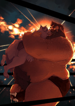 anthro arm_hair beard belly belly_hair big_pubes bodily_fluids body_hair bottomwear brown_beard brown_bottomwear brown_clothing brown_facial_hair brown_hair brown_mustache clothed clothing dipstick_tail drooling duo excessive_body_hair excessive_saliva explosion eyes_closed facial_hair french_kissing fur genitals hair holding_another human_on_anthro interspecies kissing male male/male markings mustache narrowed_eyes obese obese_human obese_male open_mouth overweight overweight_human overweight_male penis penis_base precum_through_clothes pubes purple_body purple_fur purple_tail saliva short_hair side_view standing sweat sweaty_arms sweaty_belly tail tail_markings tight_bottomwear tight_clothing topless vein veiny_penis chocolateandmilk canid canine human mammal hi_res