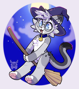 anthro bell bell_collar blue_collar blue_eyes bottomless bottomless_male broom broom_riding chibi claws cleaning_tool clothed clothing cloud collar dipstick_ears dipstick_fingers dipstick_tail dipstick_toes ear_markings eyewear fangs femboy fur glasses gold_bell grey_body hair happy hat hat_only headgear headgear_only headwear headwear_only holidays light magic_user male markings moon moonlight mostly_nude mostly_nude_male multicolored_ears multicolored_tail night open_mouth pawpads paws sky smile solo spots spotted_markings star starry_sky tail tail_markings teeth tongue topless topless_male witch witch_hat fleurfurr halloween nixuelle domestic_cat egyptian_mau felid feline felis mammal digital_media_(artwork) hi_res