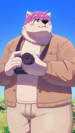 4_fingers ambiguous_gender anthro black_nose blush camera clear_sky clothed clothed_anthro clothing collared_shirt dress_shirt field fingers flower fully_clothed fully_clothed_anthro hair holding_object neck_tuft pink_hair plant pointy_ears shirt sky solo topwear tuft kumamikan bear mammal 2025 9:16 absurd_res digital_media_(artwork) digital_painting_(artwork) hi_res painting_(artwork) shaded soft_shading